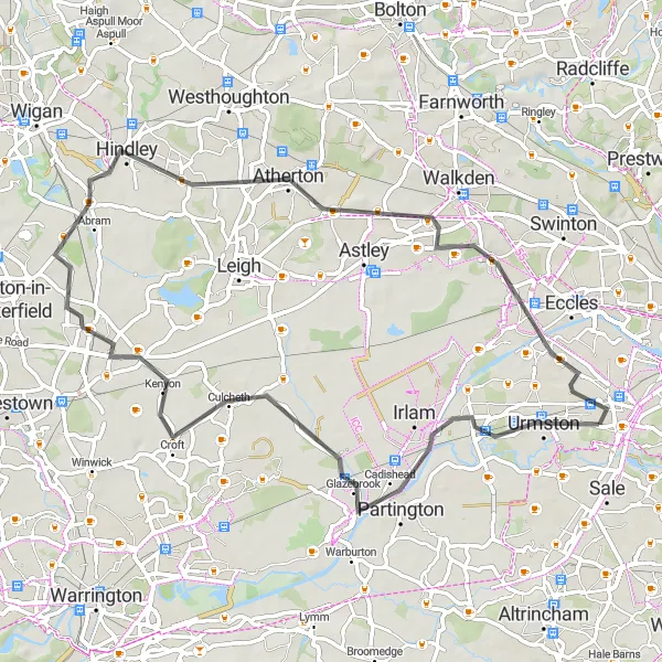 Map miniature of "The Urmston Trail" cycling inspiration in Greater Manchester, United Kingdom. Generated by Tarmacs.app cycling route planner