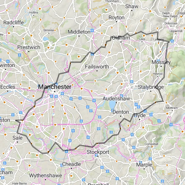 Map miniature of "The Tameside Adventure" cycling inspiration in Greater Manchester, United Kingdom. Generated by Tarmacs.app cycling route planner