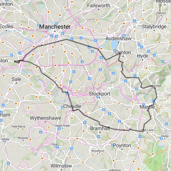 Map miniature of "The Stockport Escape" cycling inspiration in Greater Manchester, United Kingdom. Generated by Tarmacs.app cycling route planner