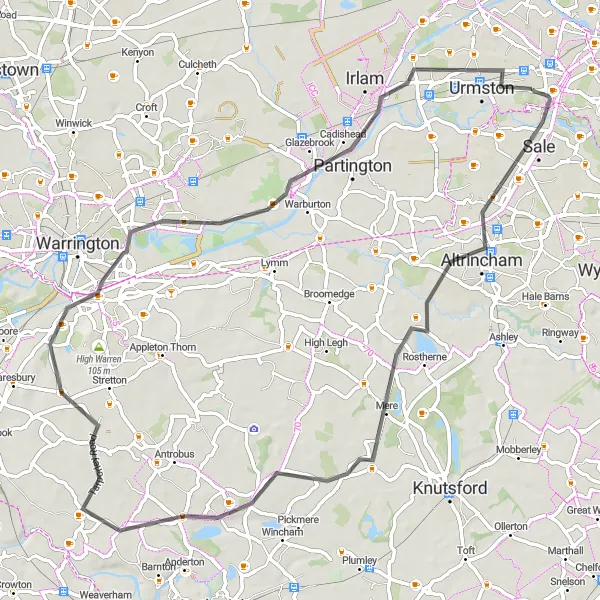 Map miniature of "Delightful Cheshire Villages" cycling inspiration in Greater Manchester, United Kingdom. Generated by Tarmacs.app cycling route planner