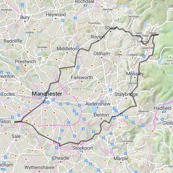 Map miniature of "Manchester and Chadderton Ride" cycling inspiration in Greater Manchester, United Kingdom. Generated by Tarmacs.app cycling route planner