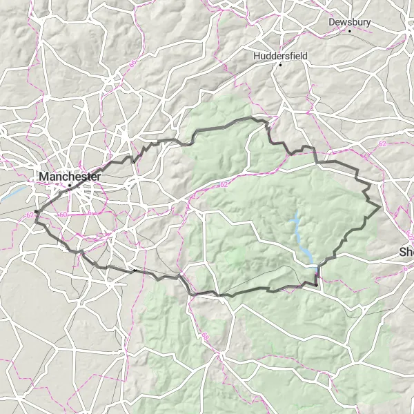 Map miniature of "Manchester and Peak District Epic" cycling inspiration in Greater Manchester, United Kingdom. Generated by Tarmacs.app cycling route planner