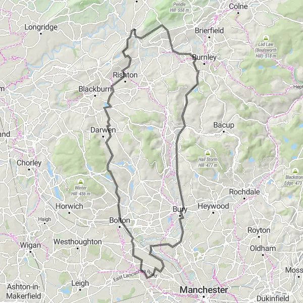 Map miniature of "Bolton and Beyond" cycling inspiration in Greater Manchester, United Kingdom. Generated by Tarmacs.app cycling route planner