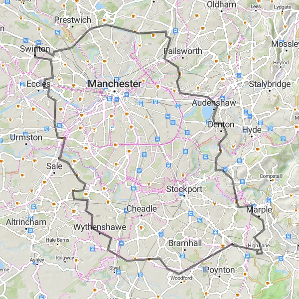 Map miniature of "Swinton to Swinton Park Road Loop" cycling inspiration in Greater Manchester, United Kingdom. Generated by Tarmacs.app cycling route planner