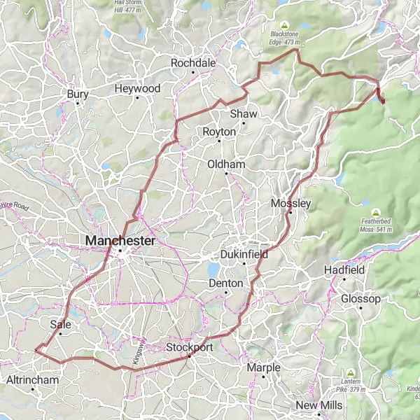 Map miniature of "Middleton and Stalybridge Gravel Adventure" cycling inspiration in Greater Manchester, United Kingdom. Generated by Tarmacs.app cycling route planner