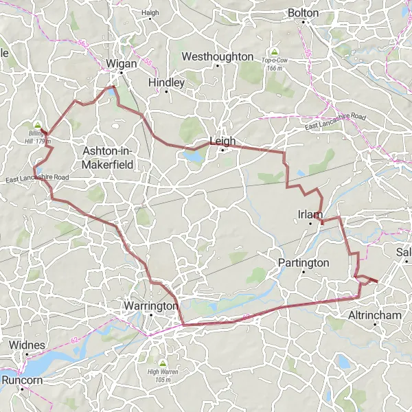 Map miniature of "Lymm and Billinge Hill Adventure" cycling inspiration in Greater Manchester, United Kingdom. Generated by Tarmacs.app cycling route planner
