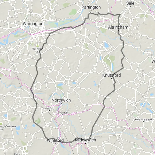 Map miniature of "Cheshire Highlights Ride" cycling inspiration in Greater Manchester, United Kingdom. Generated by Tarmacs.app cycling route planner