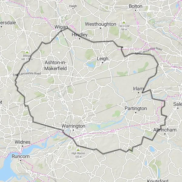 Map miniature of "Timperley Triangle Loop" cycling inspiration in Greater Manchester, United Kingdom. Generated by Tarmacs.app cycling route planner