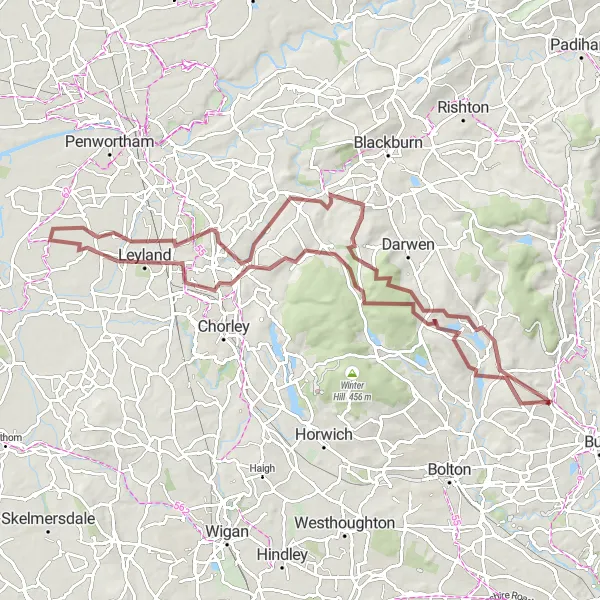 Map miniature of "Leyland Gravel Adventure" cycling inspiration in Greater Manchester, United Kingdom. Generated by Tarmacs.app cycling route planner