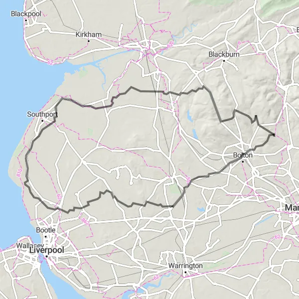 Map miniature of "Wigan Road Loop" cycling inspiration in Greater Manchester, United Kingdom. Generated by Tarmacs.app cycling route planner