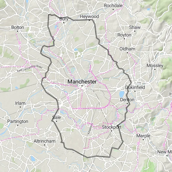 Map miniature of "City and Countryside Expedition" cycling inspiration in Greater Manchester, United Kingdom. Generated by Tarmacs.app cycling route planner