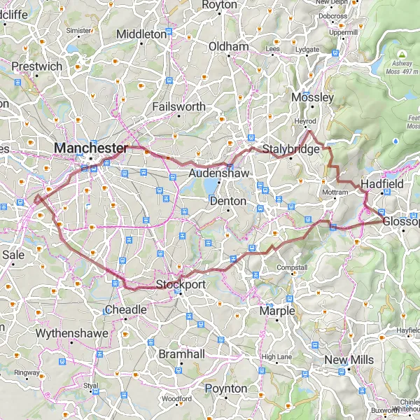 Map miniature of "Scenic Gravel Adventure" cycling inspiration in Greater Manchester, United Kingdom. Generated by Tarmacs.app cycling route planner