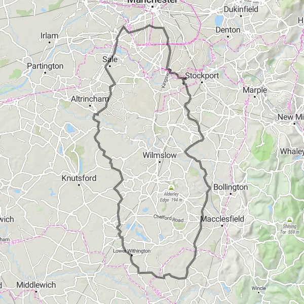 Map miniature of "South Manchester Loop" cycling inspiration in Greater Manchester, United Kingdom. Generated by Tarmacs.app cycling route planner