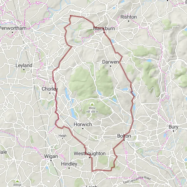 Map miniature of "Tyldesley to Blackburn Gravel Adventure" cycling inspiration in Greater Manchester, United Kingdom. Generated by Tarmacs.app cycling route planner