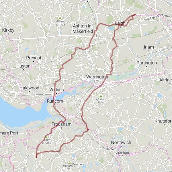 Map miniature of "Tyldesley to Widnes Gravel Challenge" cycling inspiration in Greater Manchester, United Kingdom. Generated by Tarmacs.app cycling route planner