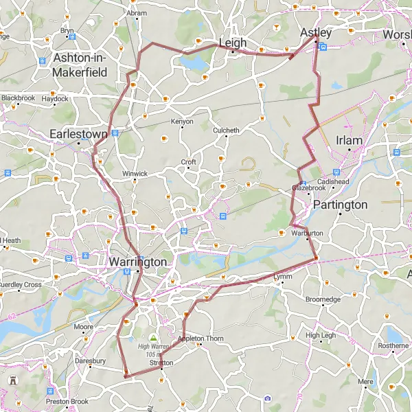 Map miniature of "Tyldesley to Lymm and Warrington Gravel Route" cycling inspiration in Greater Manchester, United Kingdom. Generated by Tarmacs.app cycling route planner