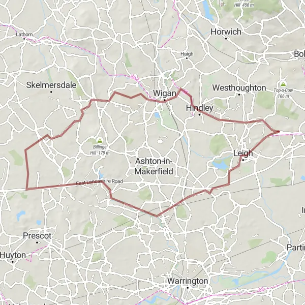 Map miniature of "Tyldesley to Atherton and Wigan Gravel Route" cycling inspiration in Greater Manchester, United Kingdom. Generated by Tarmacs.app cycling route planner