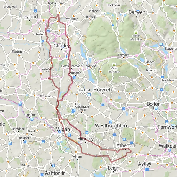 Map miniature of "Tyldesley to Atherton and Wigan Gravel Route" cycling inspiration in Greater Manchester, United Kingdom. Generated by Tarmacs.app cycling route planner