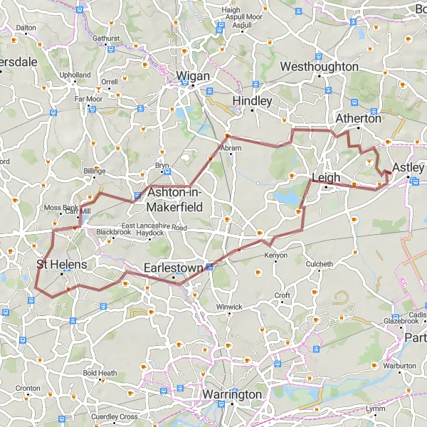 Map miniature of "The Gravel Loop through the Leigh and Newton-le-Willows" cycling inspiration in Greater Manchester, United Kingdom. Generated by Tarmacs.app cycling route planner