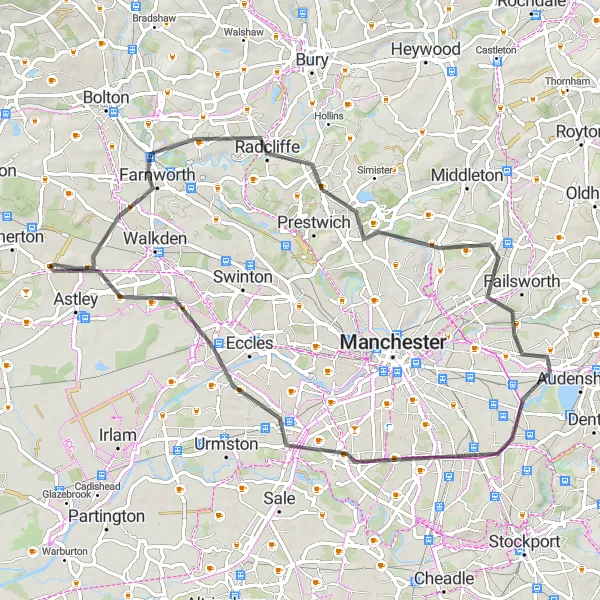 Map miniature of "Tyldesley to Chorlton-cum-Hardy Loop" cycling inspiration in Greater Manchester, United Kingdom. Generated by Tarmacs.app cycling route planner