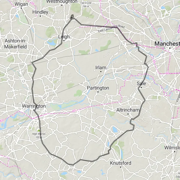 Map miniature of "Tyldesley to Leigh and Warrington Road Route" cycling inspiration in Greater Manchester, United Kingdom. Generated by Tarmacs.app cycling route planner