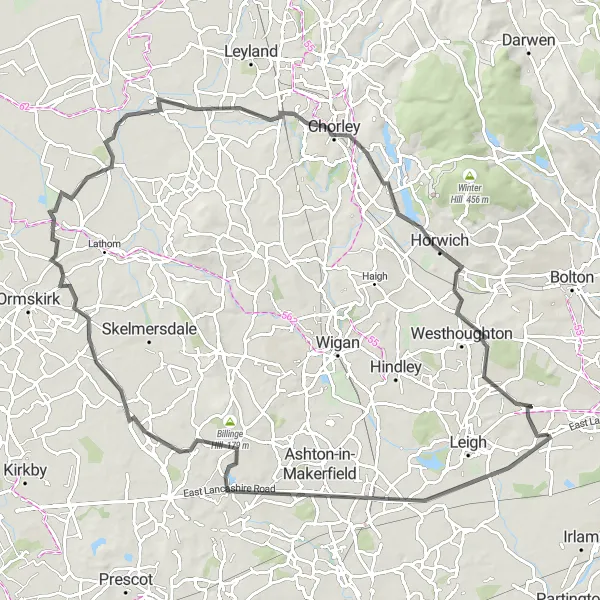 Map miniature of "Chorley and Westhoughton Loop" cycling inspiration in Greater Manchester, United Kingdom. Generated by Tarmacs.app cycling route planner