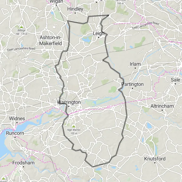 Map miniature of "Tyldesley to Leigh and Warrington Road Route" cycling inspiration in Greater Manchester, United Kingdom. Generated by Tarmacs.app cycling route planner