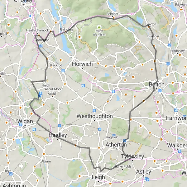 Map miniature of "Scenic Road Ride to Great Robert Hill" cycling inspiration in Greater Manchester, United Kingdom. Generated by Tarmacs.app cycling route planner