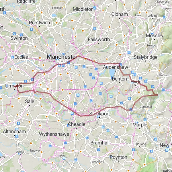 Map miniature of "Gravel Adventure from Urmston" cycling inspiration in Greater Manchester, United Kingdom. Generated by Tarmacs.app cycling route planner