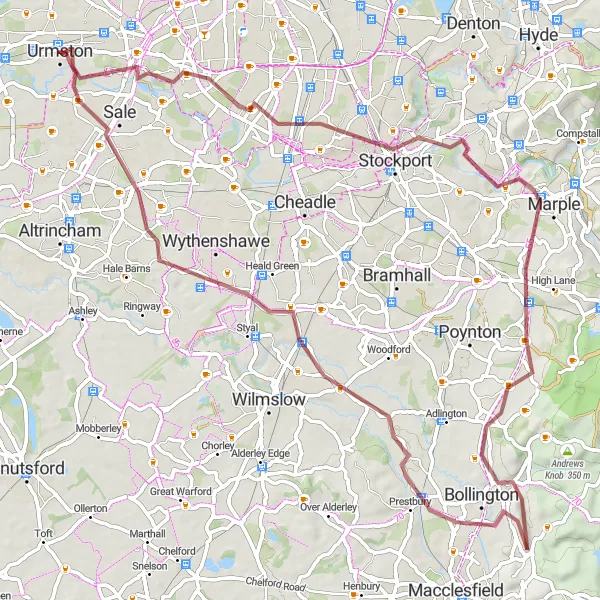 Map miniature of "Urmston Gravel Adventure" cycling inspiration in Greater Manchester, United Kingdom. Generated by Tarmacs.app cycling route planner