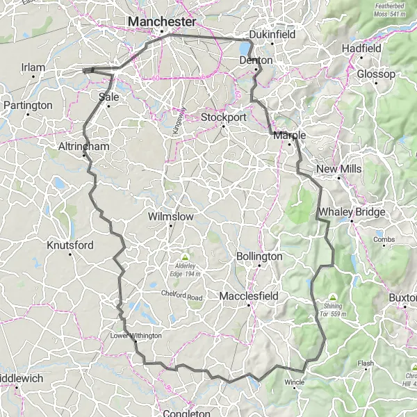 Map miniature of "Road Challenge from Urmston" cycling inspiration in Greater Manchester, United Kingdom. Generated by Tarmacs.app cycling route planner