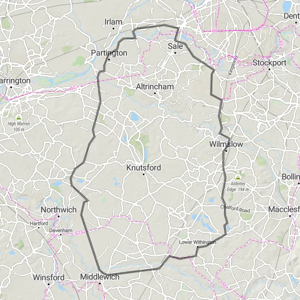 Map miniature of "Urmston to Sale Loop" cycling inspiration in Greater Manchester, United Kingdom. Generated by Tarmacs.app cycling route planner