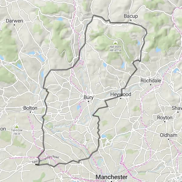 Map miniature of "The Ramsbottom Challenge" cycling inspiration in Greater Manchester, United Kingdom. Generated by Tarmacs.app cycling route planner