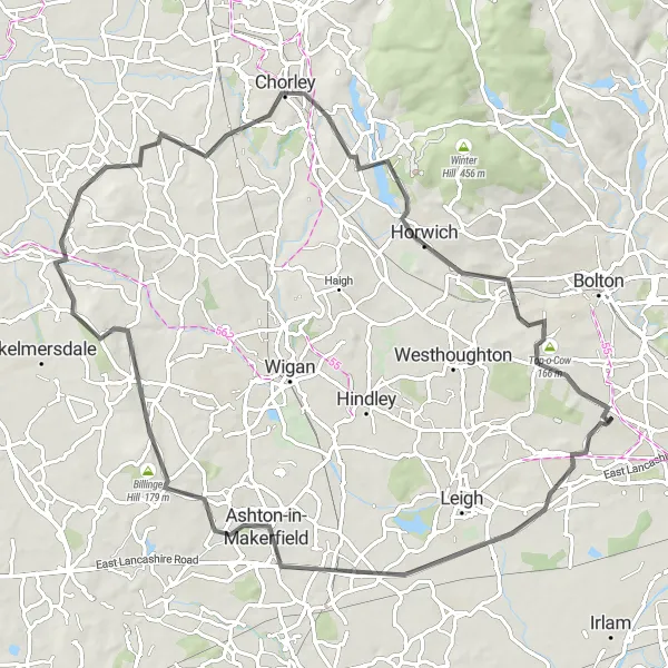 Map miniature of "The Scenic Wigan Tour" cycling inspiration in Greater Manchester, United Kingdom. Generated by Tarmacs.app cycling route planner