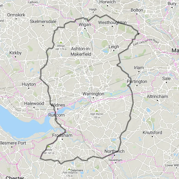 Map miniature of "The Cheshire Hills" cycling inspiration in Greater Manchester, United Kingdom. Generated by Tarmacs.app cycling route planner