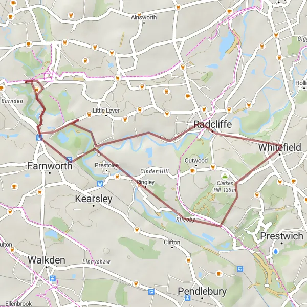 Map miniature of "Radcliffe and Farnworth Gravel Adventure" cycling inspiration in Greater Manchester, United Kingdom. Generated by Tarmacs.app cycling route planner