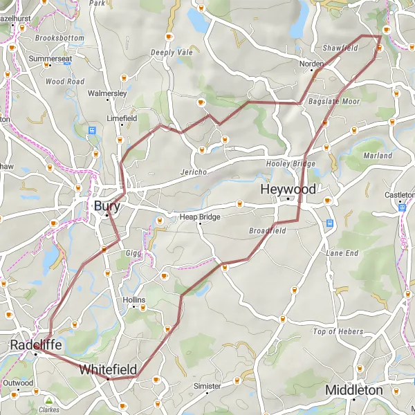 Map miniature of "Whitefield Gravel Loop" cycling inspiration in Greater Manchester, United Kingdom. Generated by Tarmacs.app cycling route planner