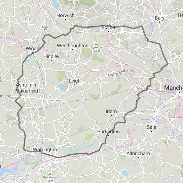 Map miniature of "Manchester Triangle" cycling inspiration in Greater Manchester, United Kingdom. Generated by Tarmacs.app cycling route planner