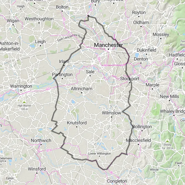 Map miniature of "The Manchester Hill Challenge" cycling inspiration in Greater Manchester, United Kingdom. Generated by Tarmacs.app cycling route planner