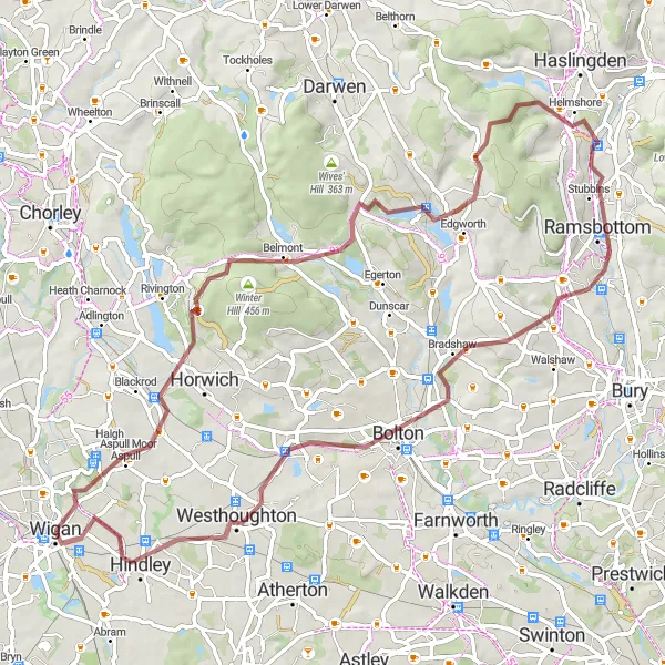 Map miniature of "The Gravel Challenge" cycling inspiration in Greater Manchester, United Kingdom. Generated by Tarmacs.app cycling route planner