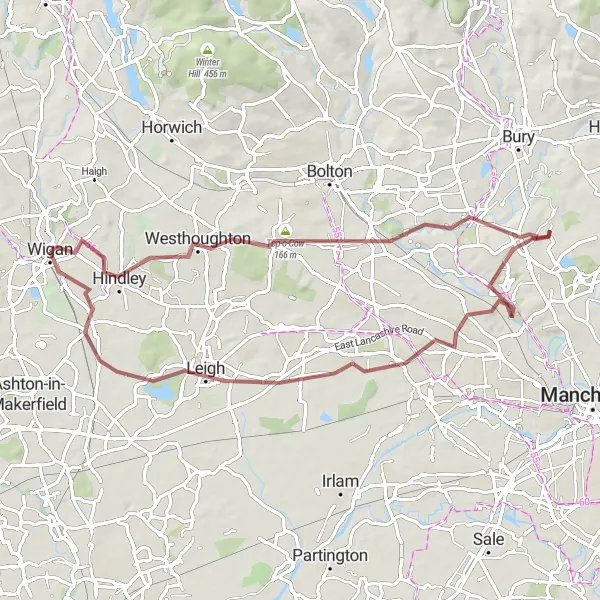 Map miniature of "Leigh and Worsley Gravel Adventure" cycling inspiration in Greater Manchester, United Kingdom. Generated by Tarmacs.app cycling route planner