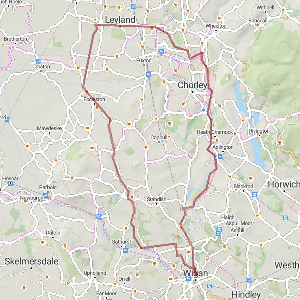 Map miniature of "Wigan and Leyland Gravel Loop" cycling inspiration in Greater Manchester, United Kingdom. Generated by Tarmacs.app cycling route planner