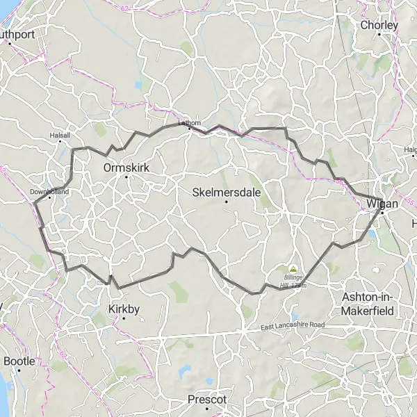 Map miniature of "Melling Mount and Parbold Road Route" cycling inspiration in Greater Manchester, United Kingdom. Generated by Tarmacs.app cycling route planner