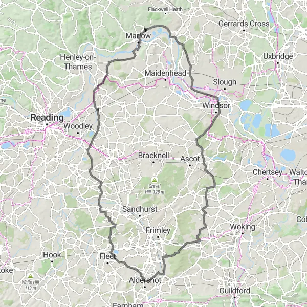 Map miniature of "Eversley Cross and Sunningdale Road Cycling Route" cycling inspiration in Hampshire and Isle of Wight, United Kingdom. Generated by Tarmacs.app cycling route planner