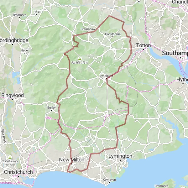Map miniature of "New Forest Gravel Adventure" cycling inspiration in Hampshire and Isle of Wight, United Kingdom. Generated by Tarmacs.app cycling route planner