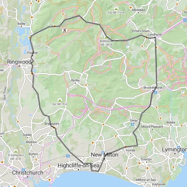 Map miniature of "Barton on Sea Loop" cycling inspiration in Hampshire and Isle of Wight, United Kingdom. Generated by Tarmacs.app cycling route planner