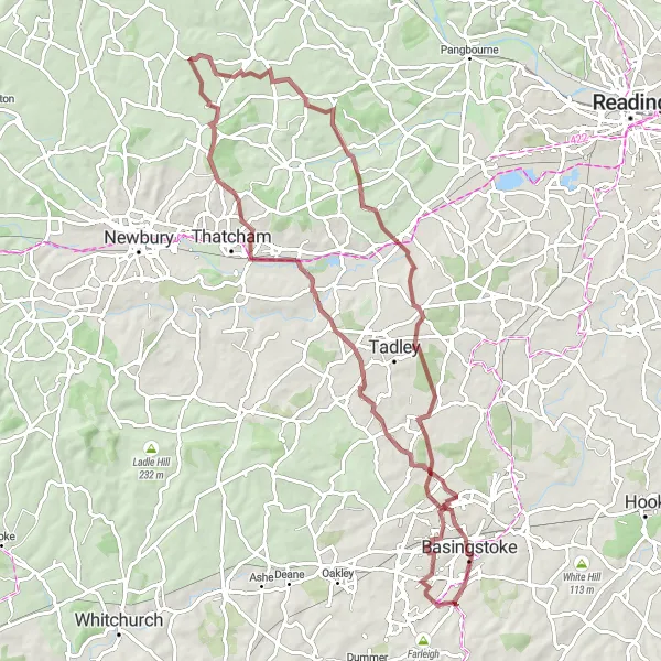 Map miniature of "Basingstoke to Pamber End and Baughurst" cycling inspiration in Hampshire and Isle of Wight, United Kingdom. Generated by Tarmacs.app cycling route planner