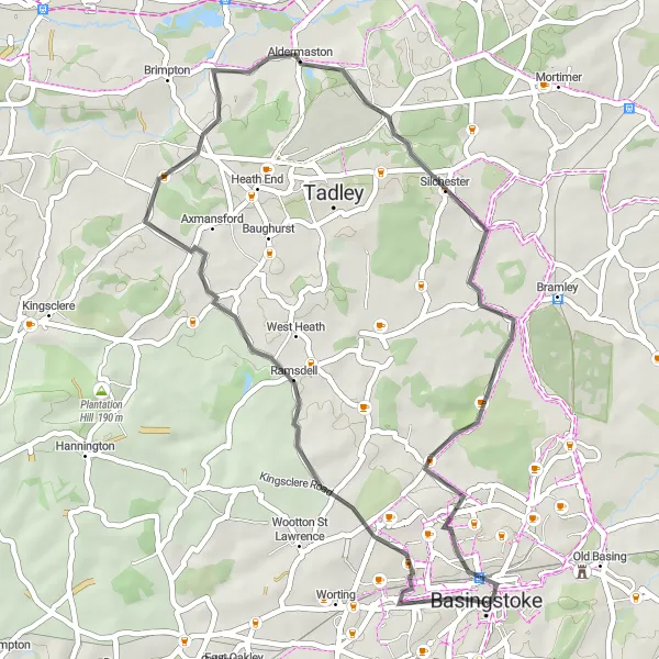 Map miniature of "Basingstoke to Ramsdell and Silchester" cycling inspiration in Hampshire and Isle of Wight, United Kingdom. Generated by Tarmacs.app cycling route planner