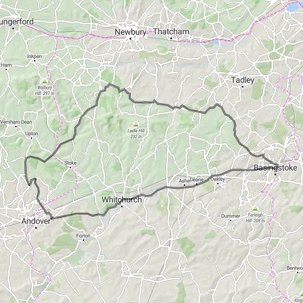Map miniature of "Basingstoke Circular Road Route" cycling inspiration in Hampshire and Isle of Wight, United Kingdom. Generated by Tarmacs.app cycling route planner