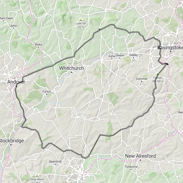 Map miniature of "Basingstoke to Farleigh Hill and Cottington's Hill" cycling inspiration in Hampshire and Isle of Wight, United Kingdom. Generated by Tarmacs.app cycling route planner